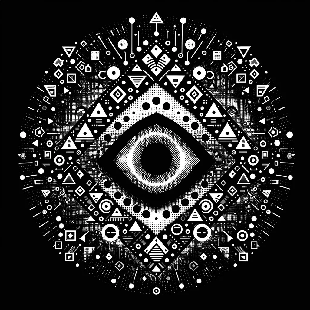 DALL-E Image of Adversarial attack created using small geometric shapes in a monochrome design on a black background.