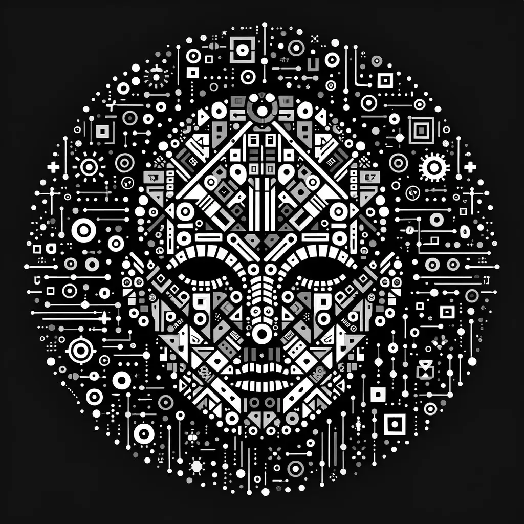 DALL-E Image of AI Assistant created using small geometric shapes in a monochrome design on a black background.