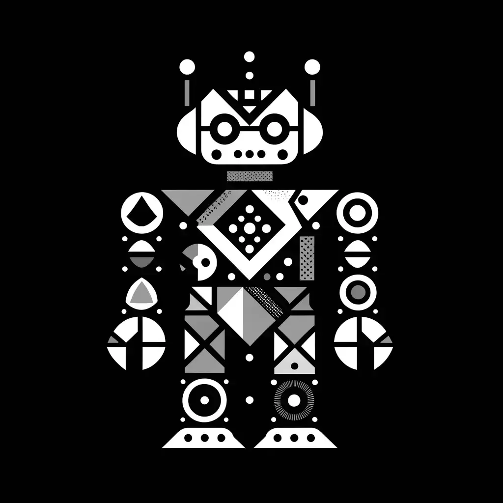 DALL-E Image of Robot created using small geometric shapes in a monochrome design on a black background.