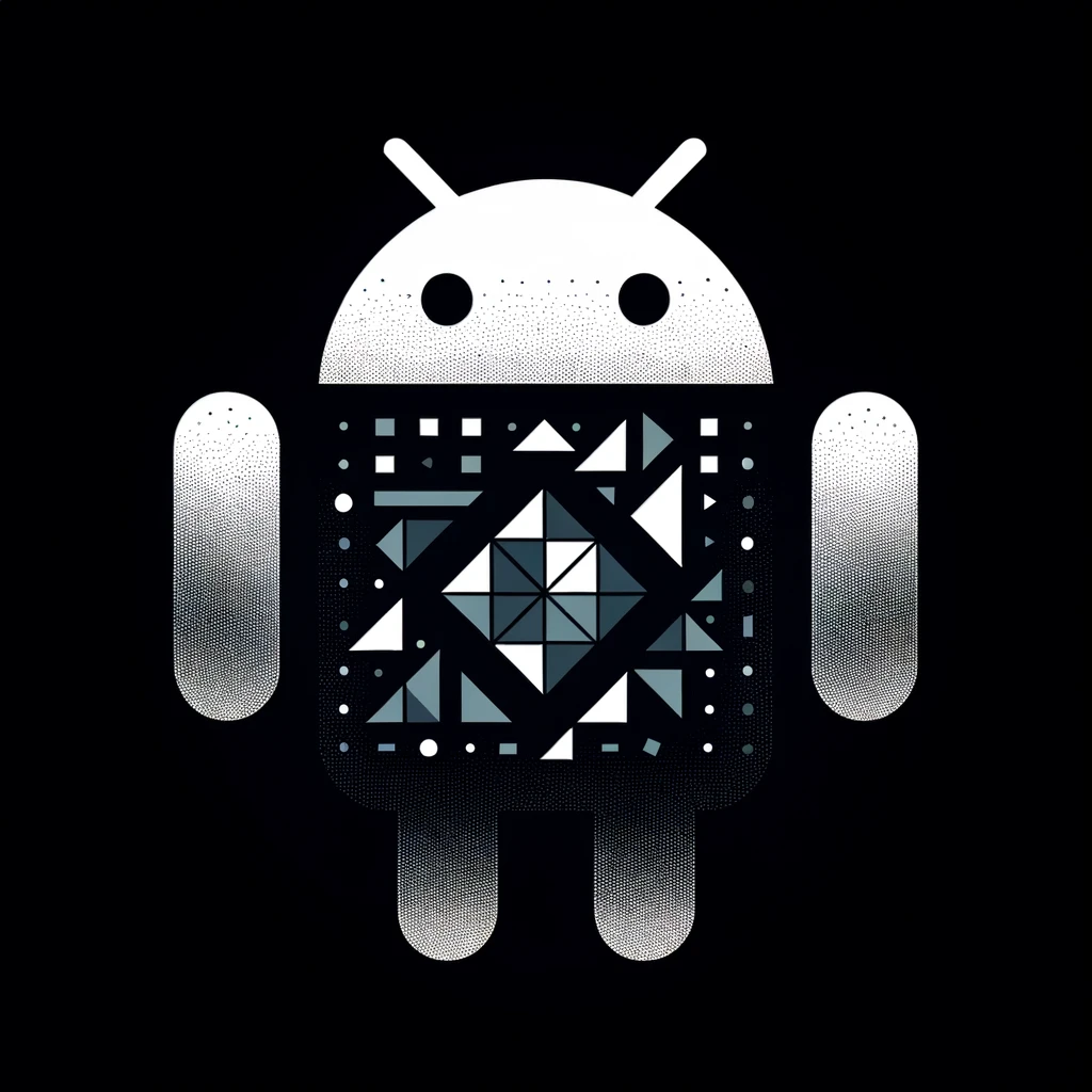 DALL-E Image of Android created using small geometric shapes in a monochrome design on a black background.