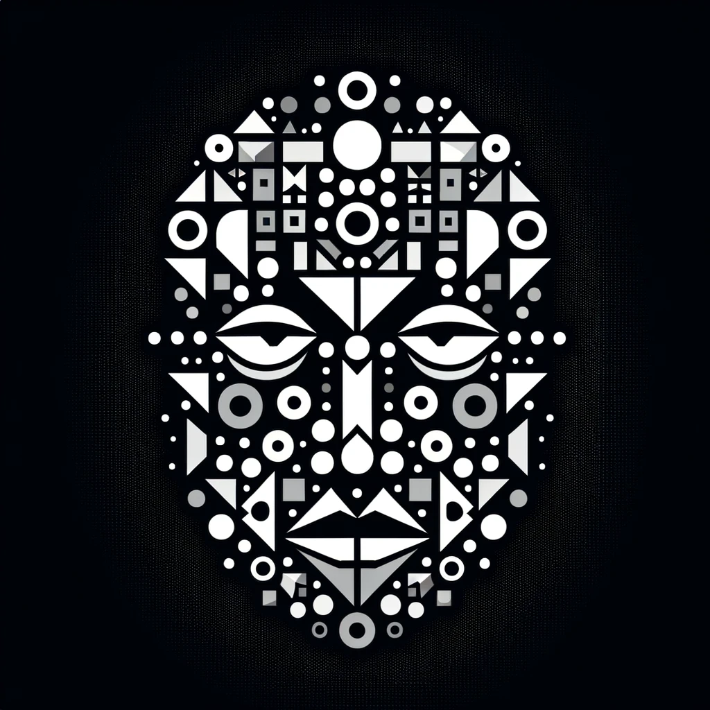 DALL-E Image of Deepfake created using small geometric shapes in a monochrome design on a black background.