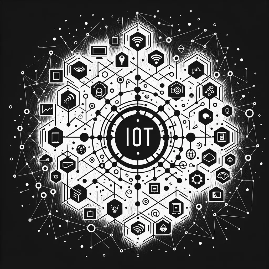 DALL-E Image of IoT created using small geometric shapes in a monochrome design on a black background.