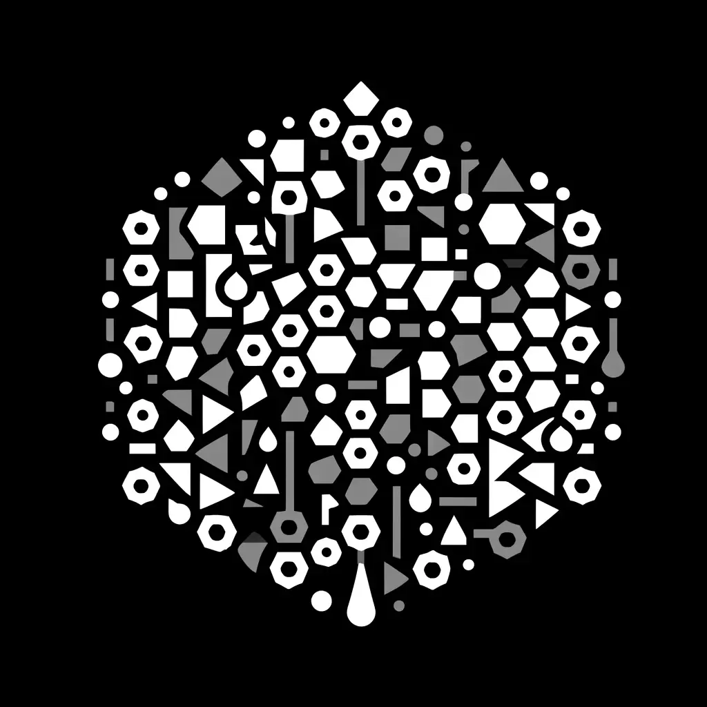 DALL-E Image of K-means Clustering created using small geometric shapes in a monochrome design on a black background.