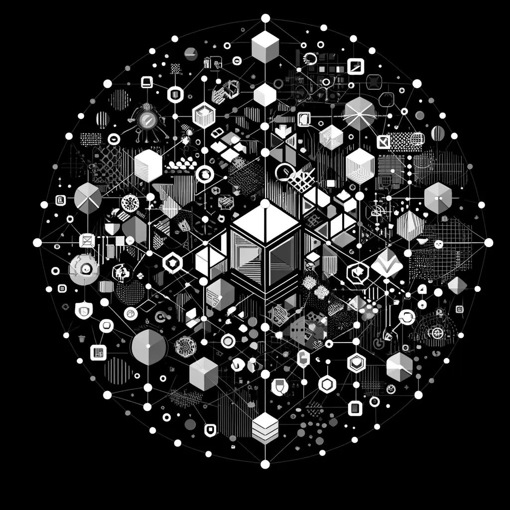 DALL-E Image of Network Classification created using small geometric shapes in a monochrome design on a black background.