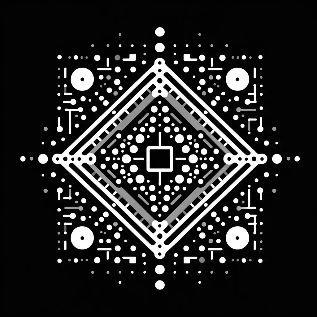 DALL-E Image of Quantum Computer created using small geometric shapes in a monochrome design on a black background.