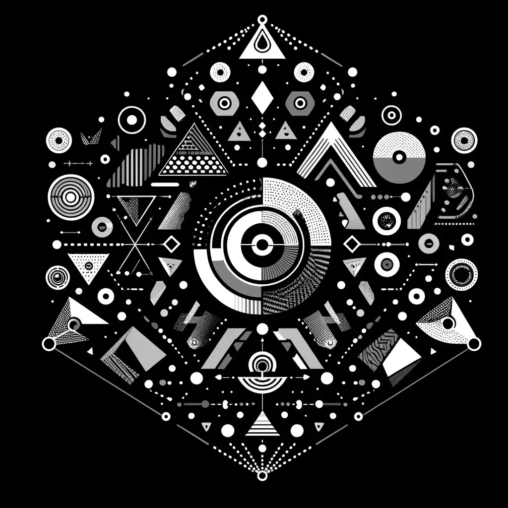 DALL-E Image of Sentience created using small geometric shapes in a monochrome design on a black background.