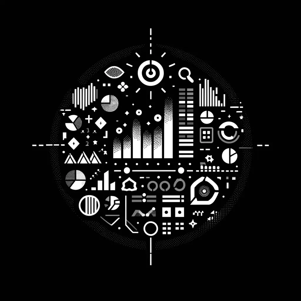 DALL-E Image of Survey created using small geometric shapes in a monochrome design on a black background.